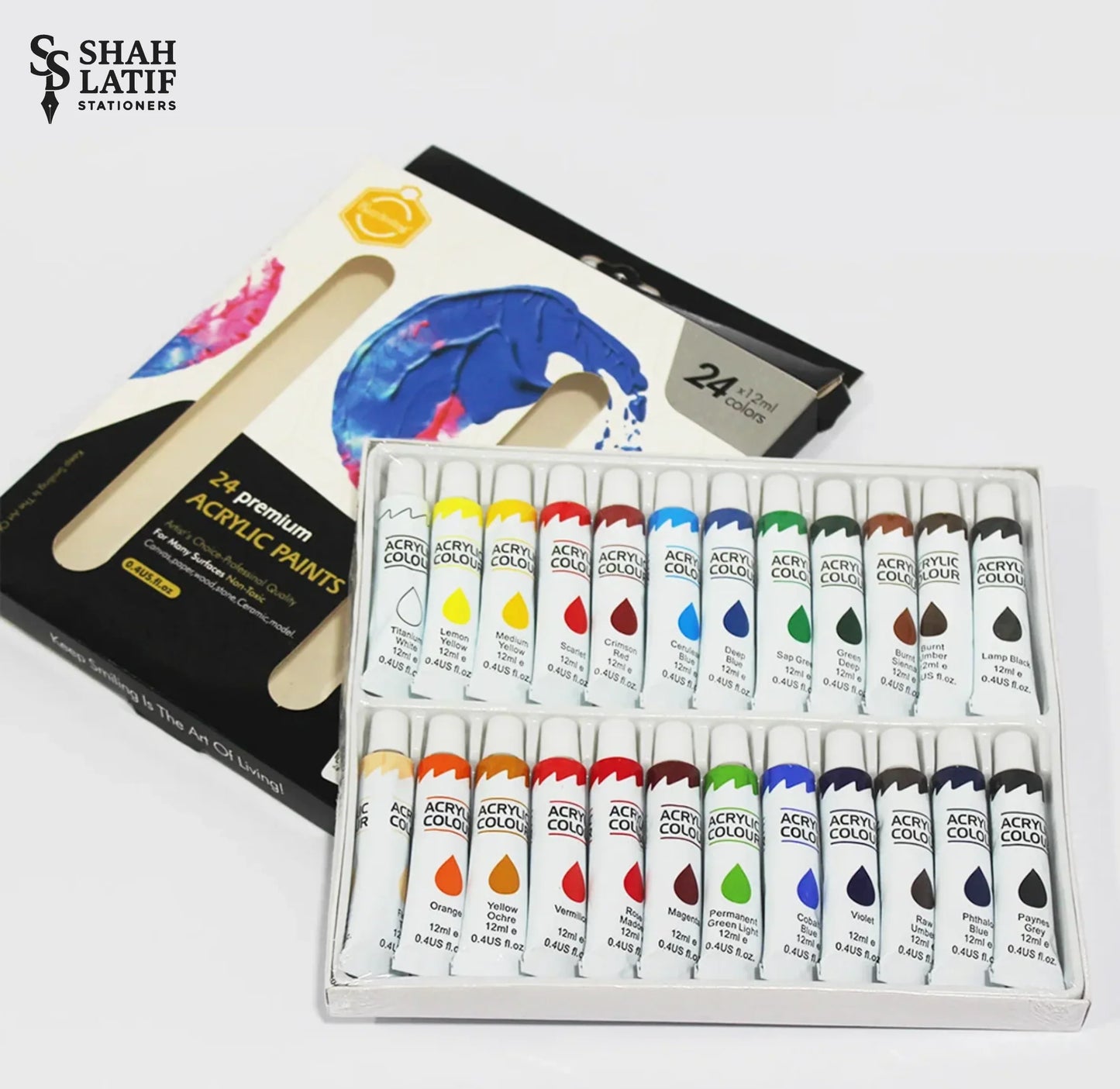 Acrylic Color Paints, Paint Tubes, Set of 24 Colours Professional Artist painting on Canvas Board & Sketch Book