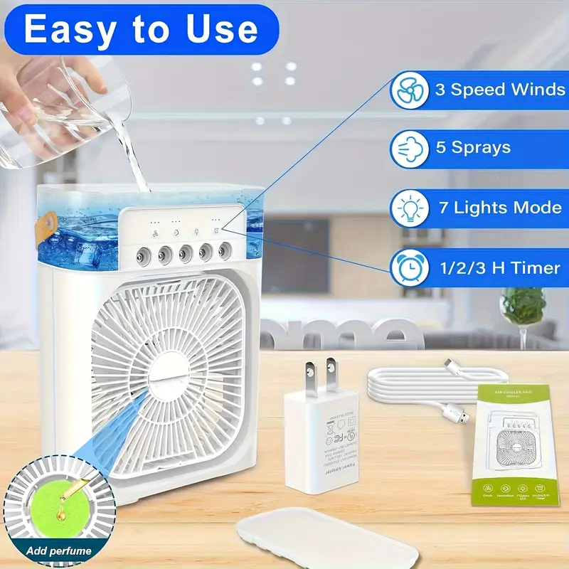Portable Air Conditioner Fan Mist Fan , Mini Evaporative Air Cooler with 7 Colors LED Light, 1/2/3 H Timer