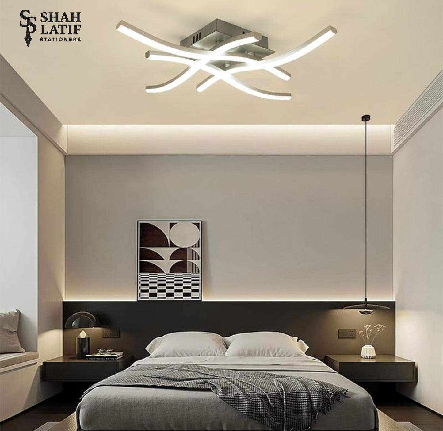 Modern LED Ceiling Light for Living Room, Design Curved Ceiling Light with 4 Built-in LED Strips
