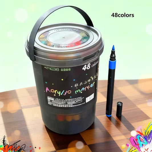 Drawing Markers 48 pcs Acrylic Paint Marker Set, Portable Bucket Design, Art Supplies for Drawing, Painting, Marking, Coloring